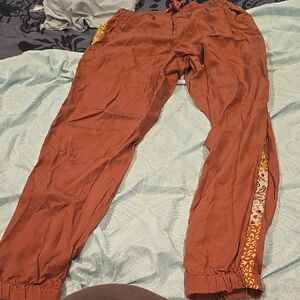 New Rust Boho Jogger Pants with Printed Side Panel